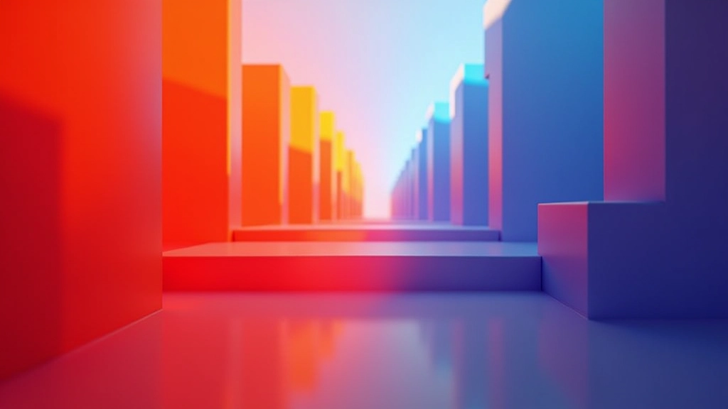 Composizione tridimensionale dove elementi rossi e arancioni appaiono in primo piano, elementi blu e viola sfumano verso lo sfondo, creando profondità cromatica