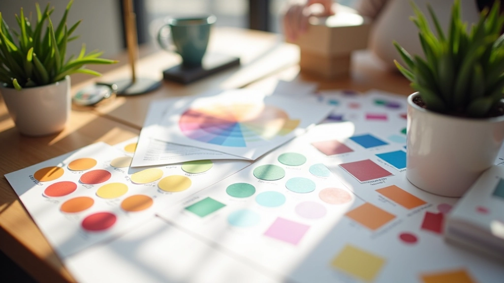 Studio creativo con materiali di teoria del colore e campioni di colore